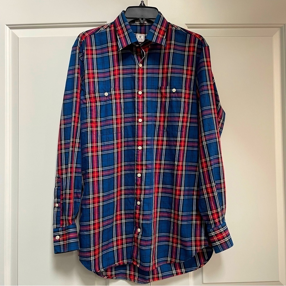 Peter Millar Men's Long Sleeve Button Down Blue Red Plaid Cotton Casual Shirt